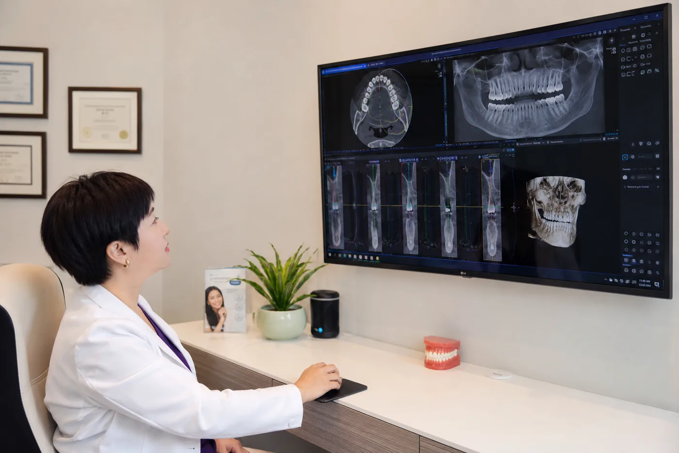 Dr. Hye Park reviewing a 3D CBCT scan to plan implant placement at Green Dentistry: Root and Restore in Alexandria, VA