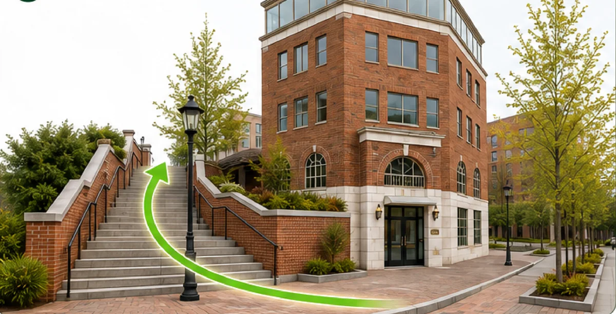 The stairs up to the courtyard beside the brick building at 1643 Prince Street, approached from Dangerfield Road