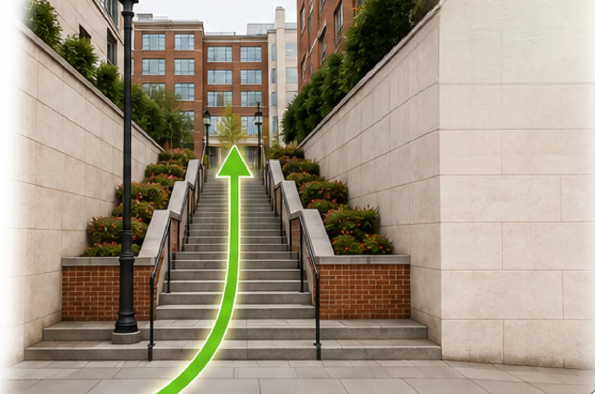 The stairway between the buildings leading up to the courtyard, approached from Prince Street