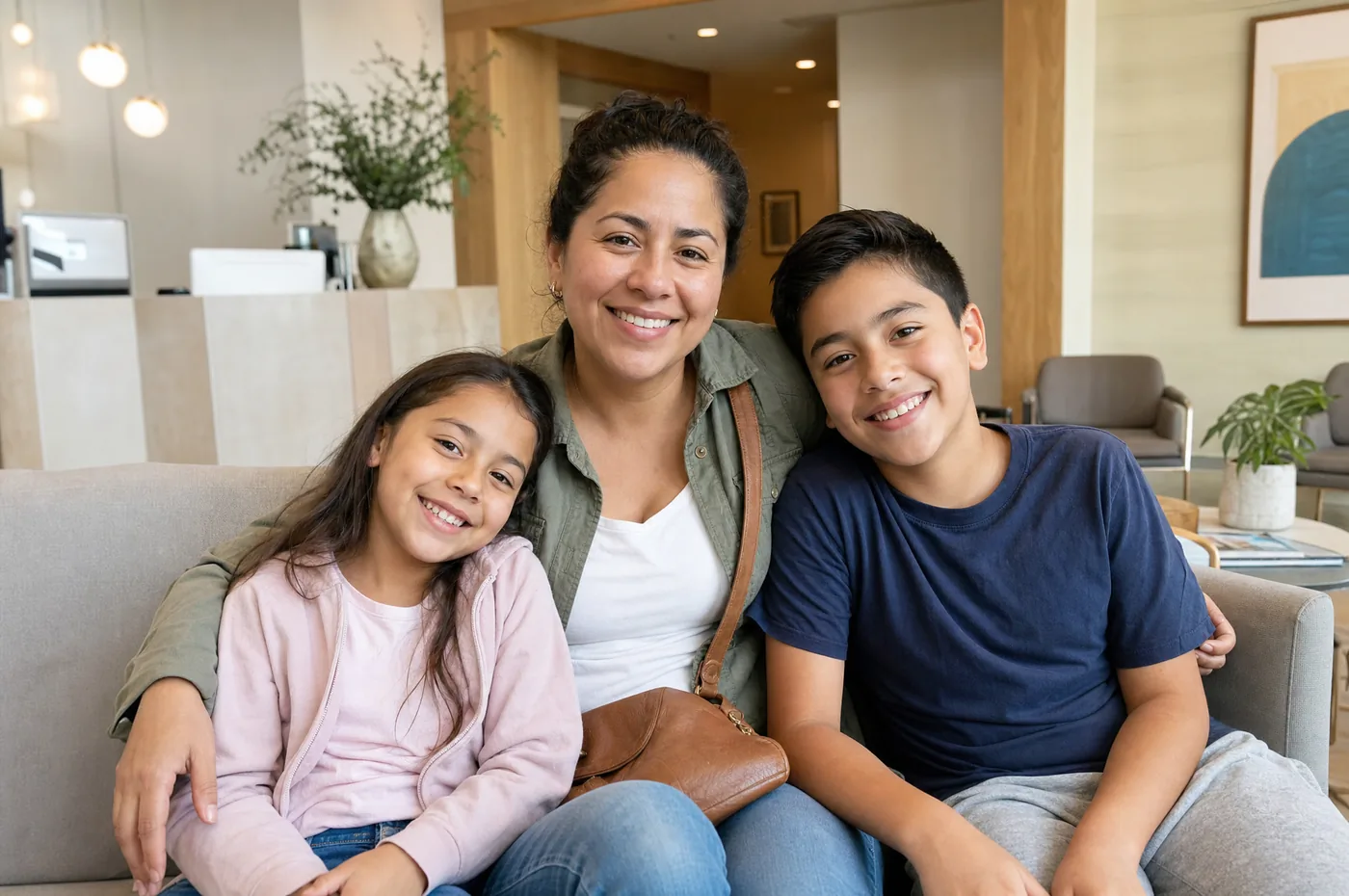 A mother and her two children at their family dental home at Green Dentistry: Root and Restore in Alexandria, VA